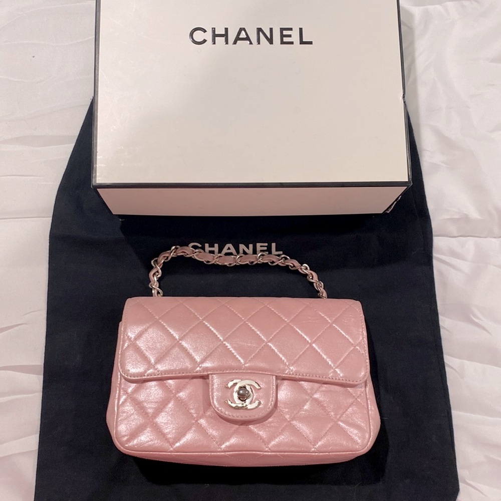 Chanel pearl pink iridescent rectangle mini flap bag